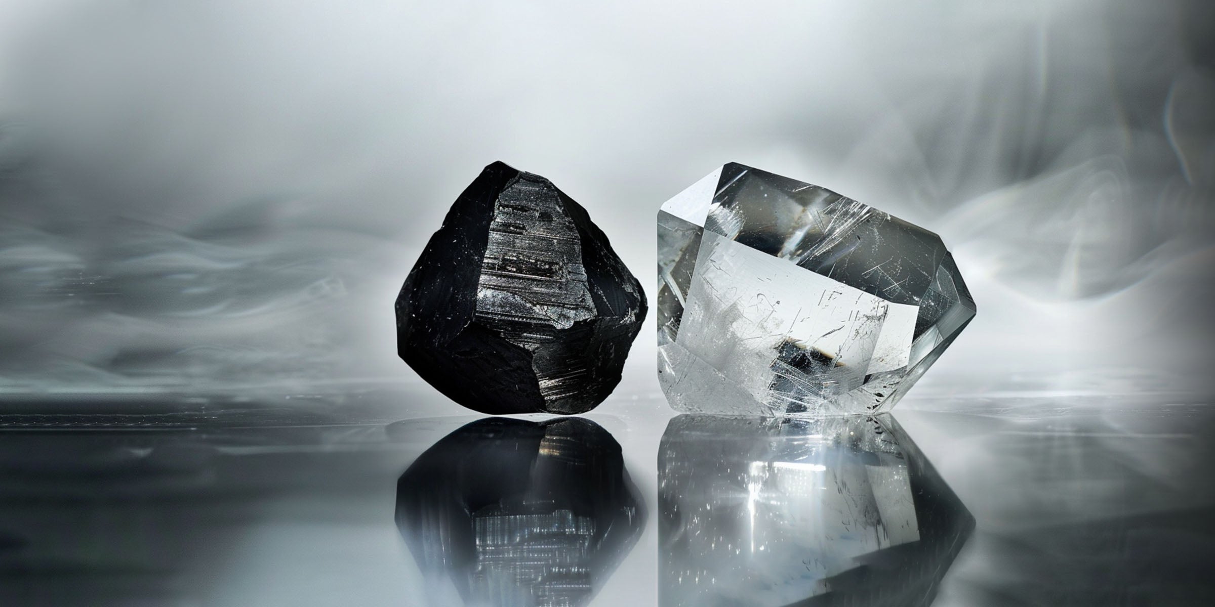High-resolution image of a raw black Herkimer diamond ring with clear side crystals on a white pedestal background