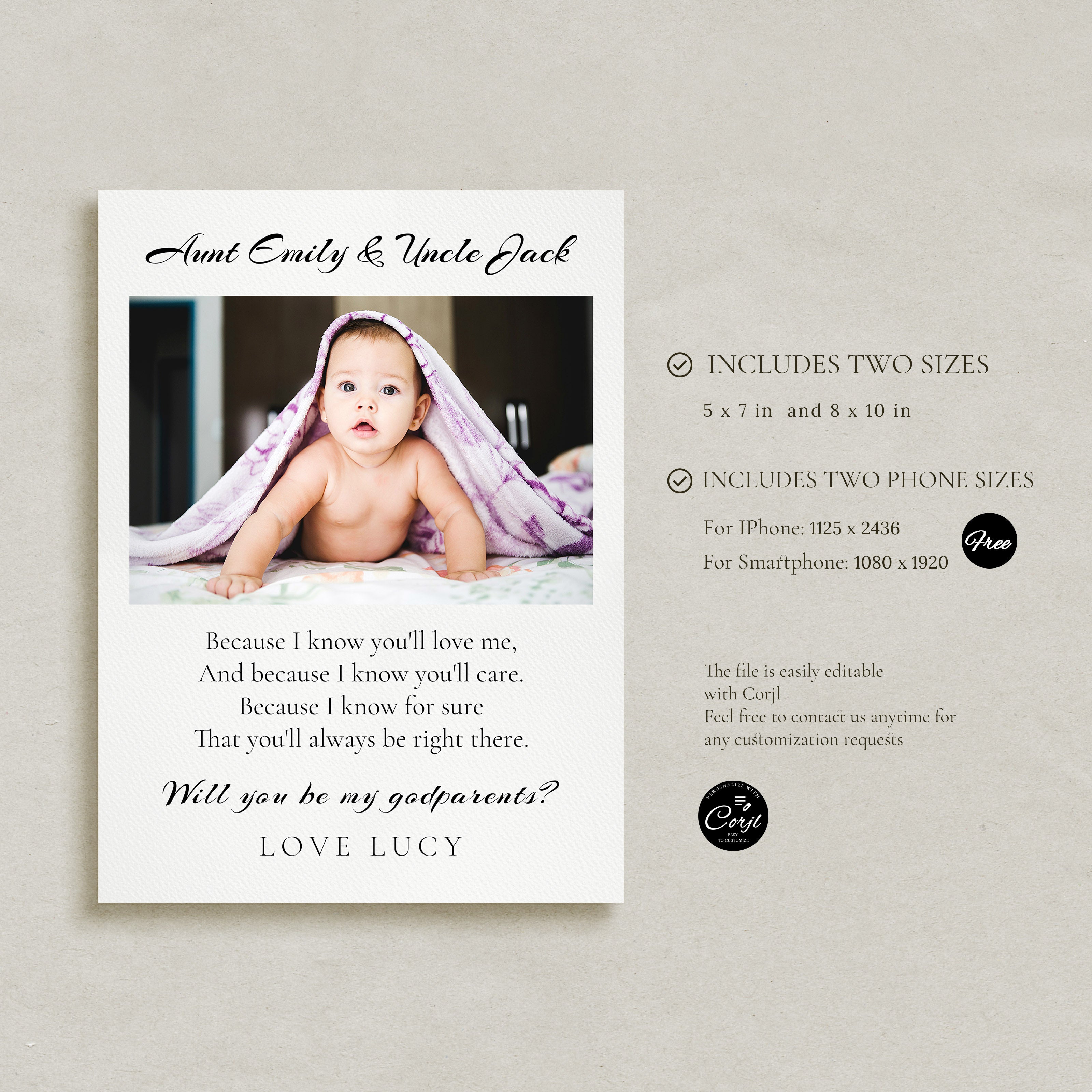 Will You Be My Godparents Proposal Card Template, Printable Minimal Photo Godparent Card, Editable Modern Baptism Proposal, Instant Download