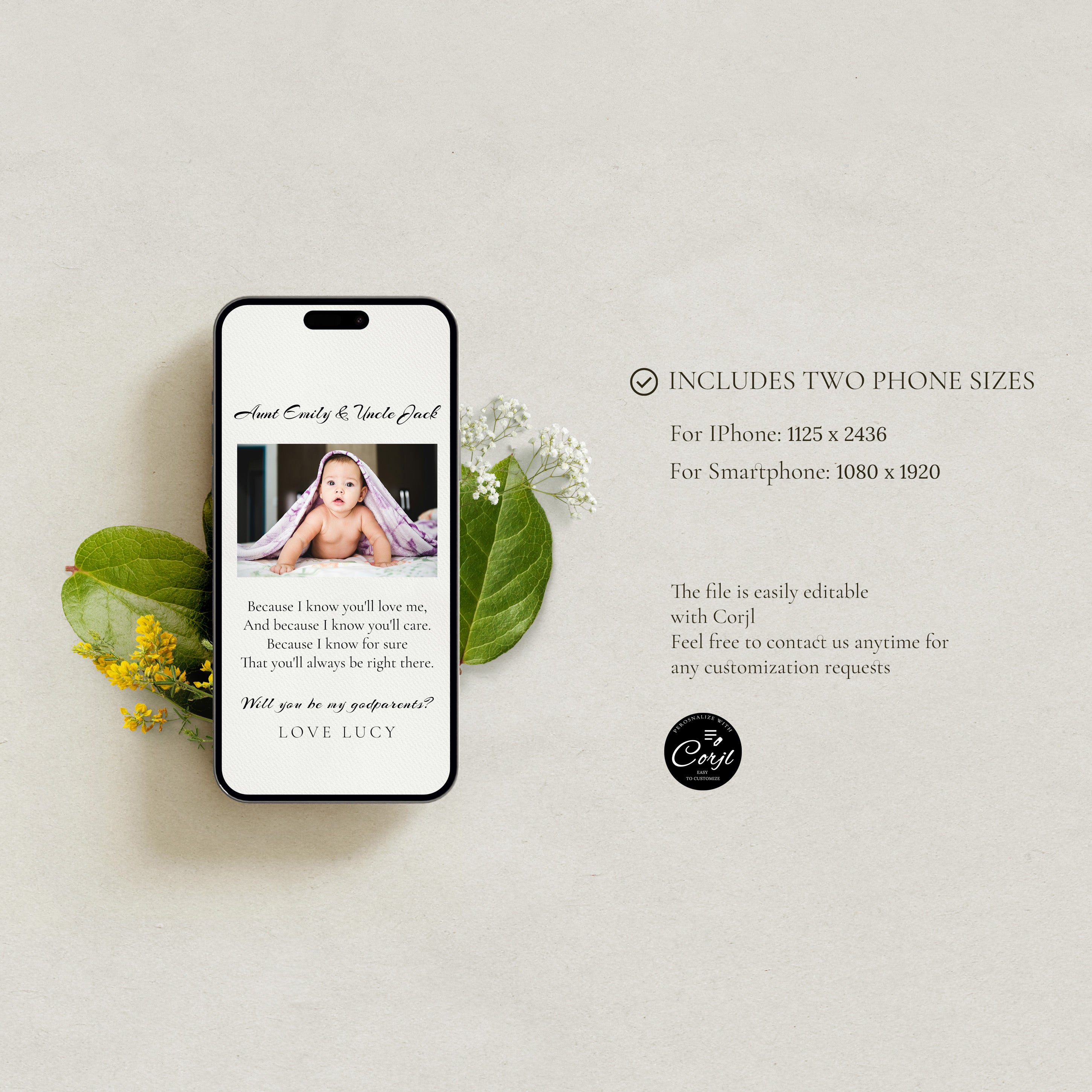 Will You Be My Godparents Proposal Card Template, Digital Minimal Photo Godparent Card, Editable Modern Baptism Proposal, Digital Invitation