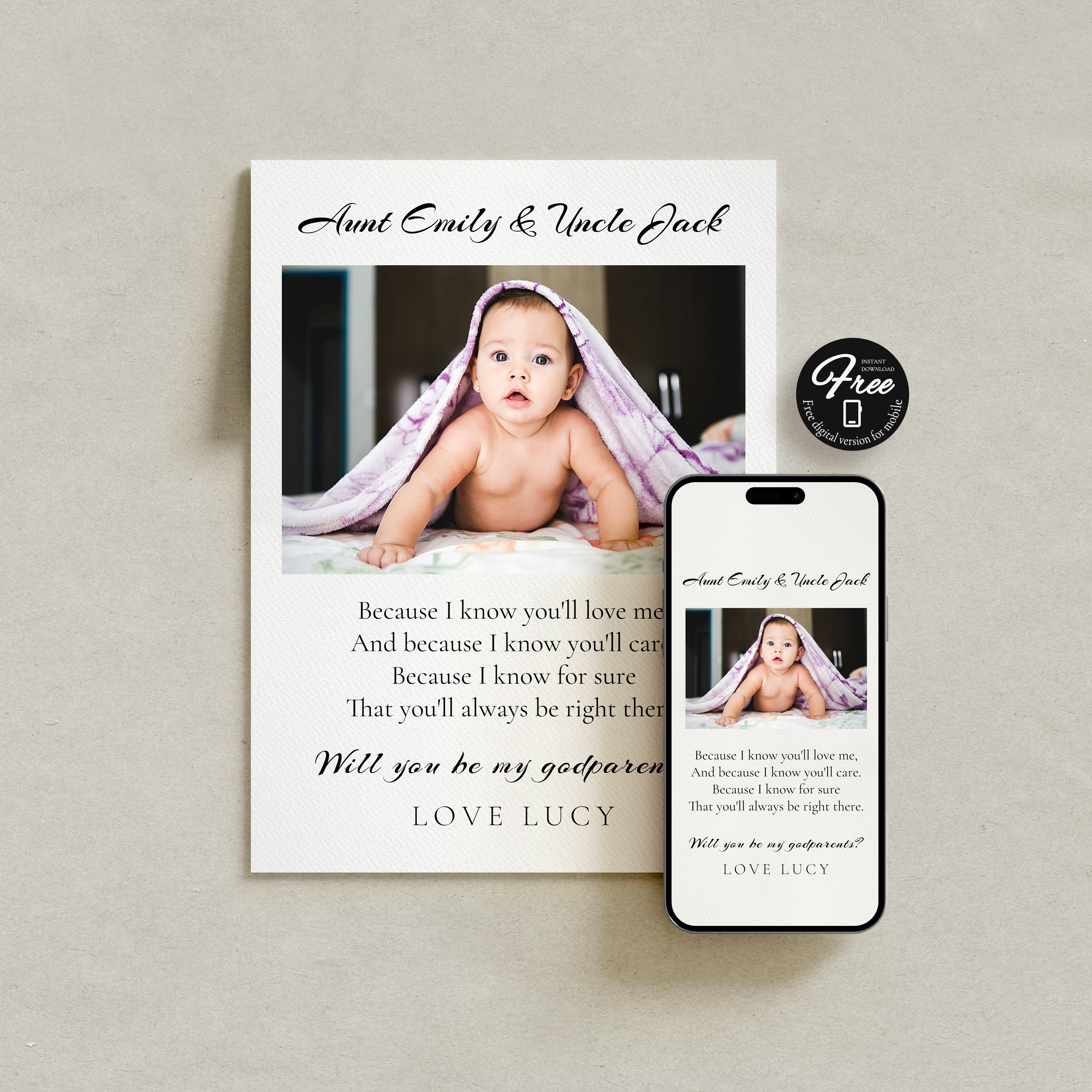 Will You Be My Godparents Proposal Card Template, Printable Minimal Photo Godparent Card, Editable Modern Baptism Proposal, Instant Download