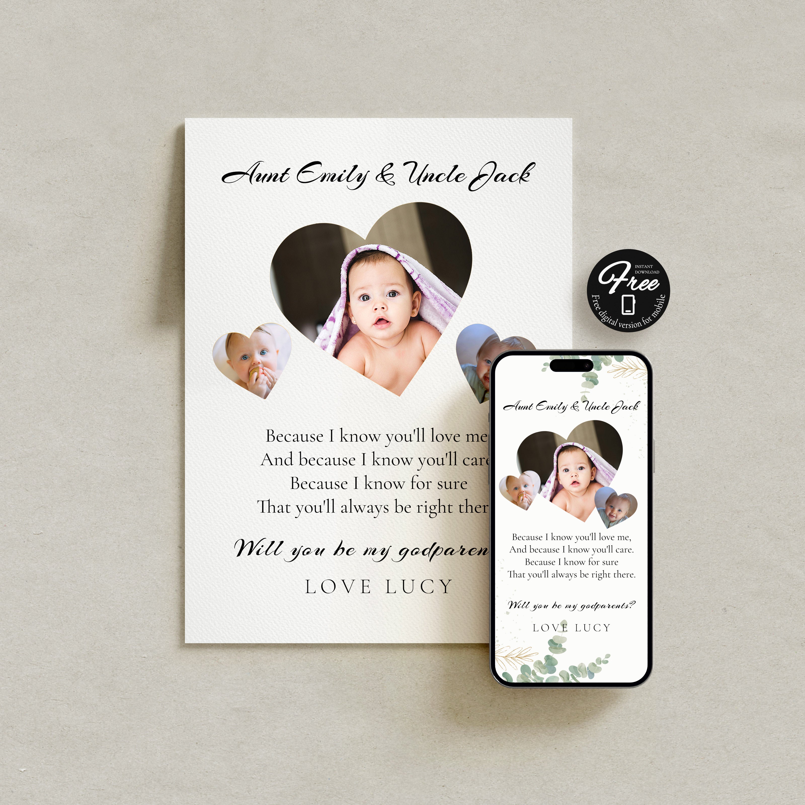 Will You Be My Godparents Proposal Card Template, Printable Minimal Photo Godparent Card, Editable Modern Baptism Proposal, Instant Download