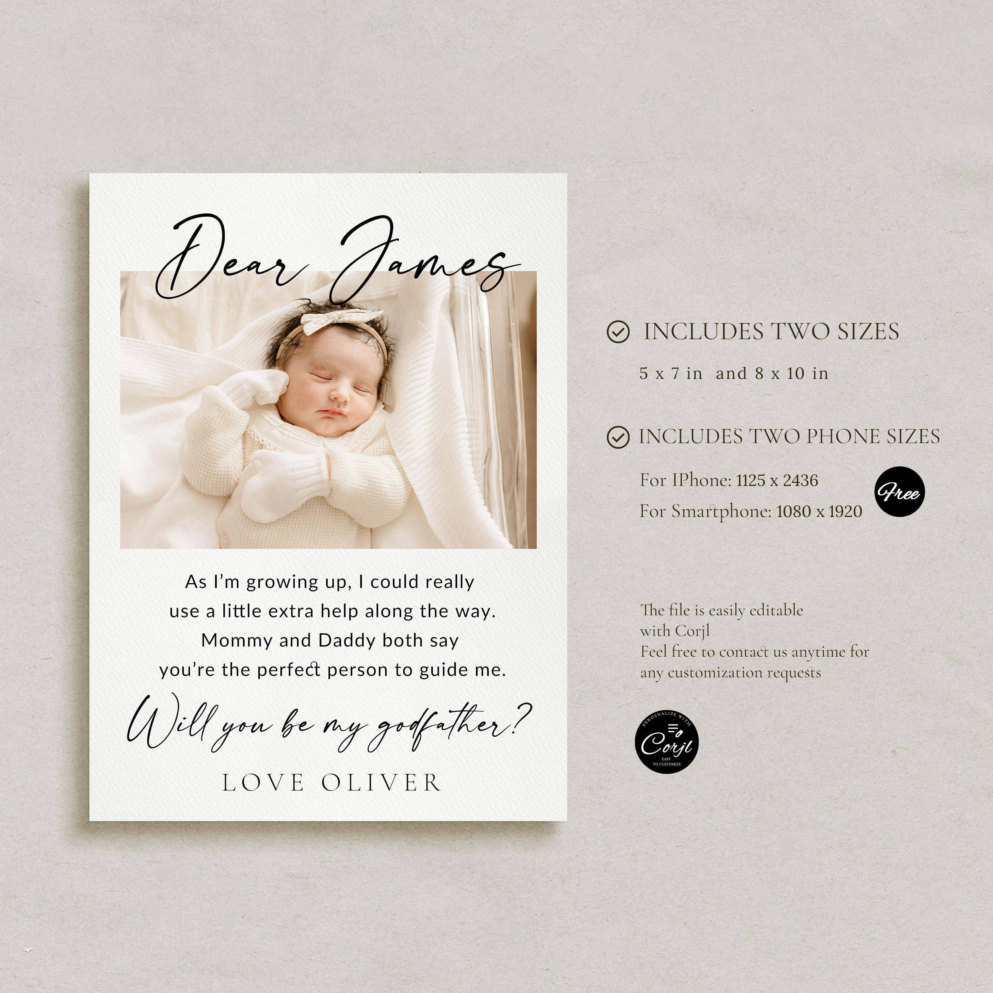 Will You Be My Godfather Proposal Card Template, Printable Photo Godparent Proposal Card, Editable Modern Baptism Proposal, Instant Download