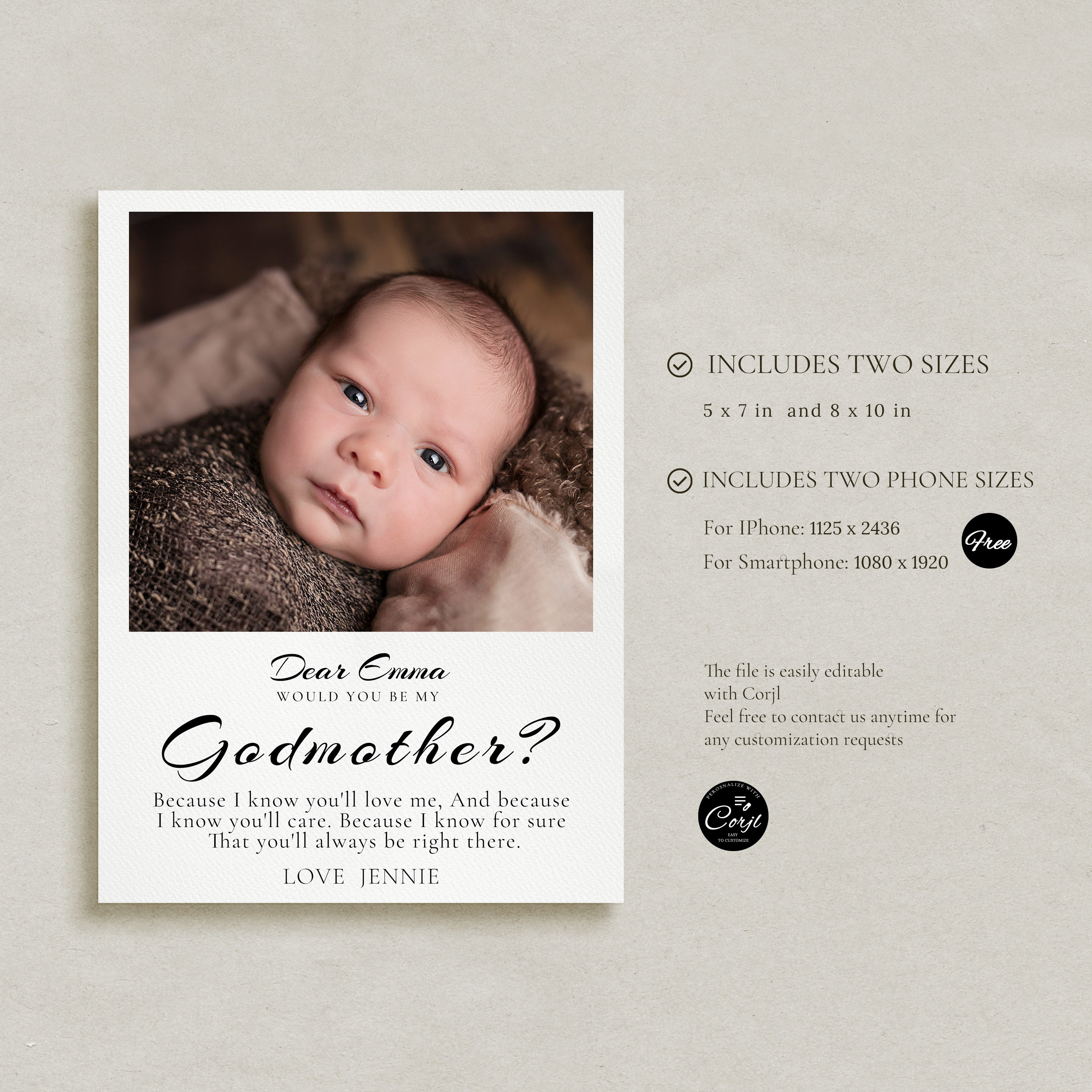 Will You Be My Godmother Proposal Card Template, Printable Photo Godparent Proposal Card, Editable Modern Baptism Proposal, Instant Download