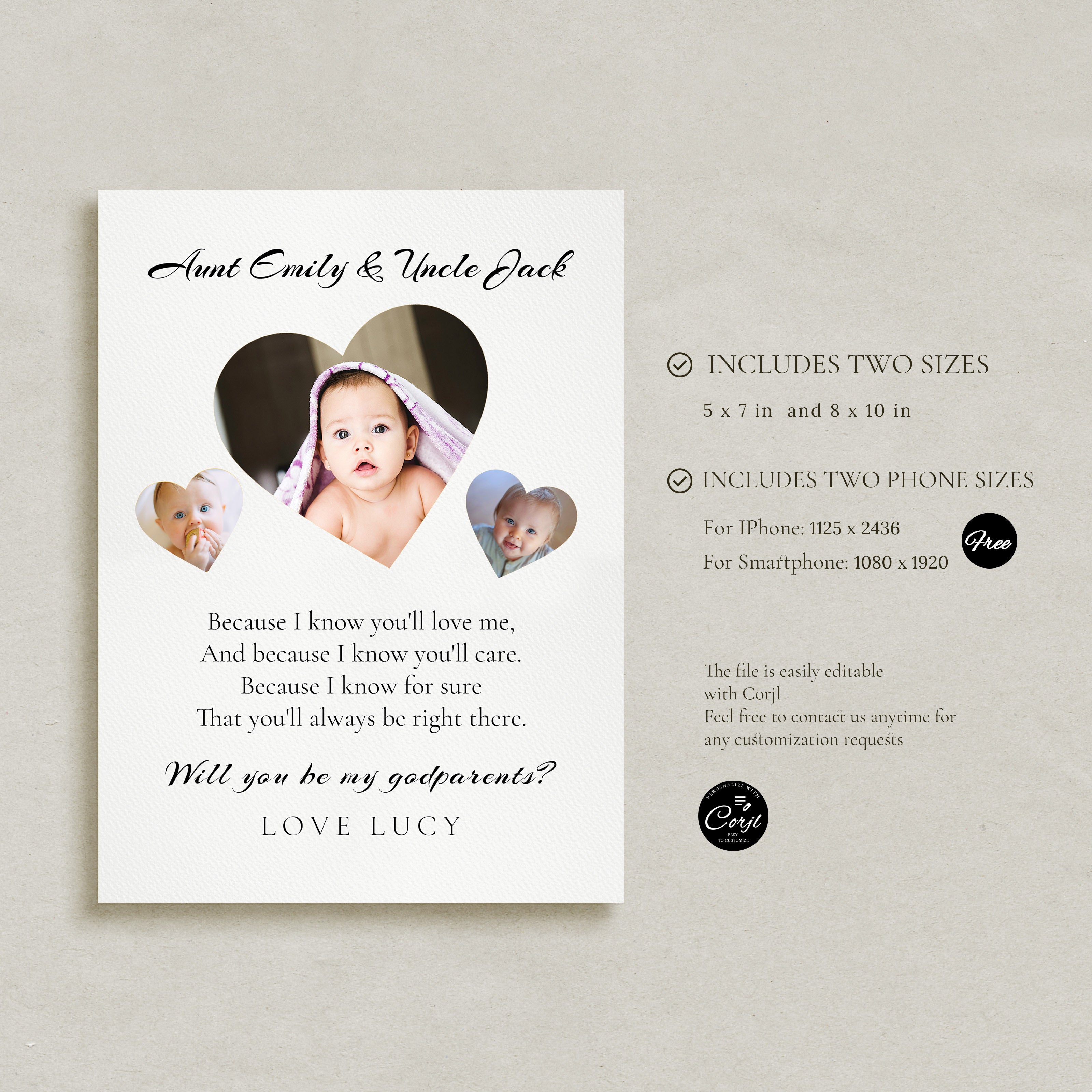 Will You Be My Godparents Proposal Card Template, Printable Minimal Photo Godparent Card, Editable Modern Baptism Proposal, Instant Download