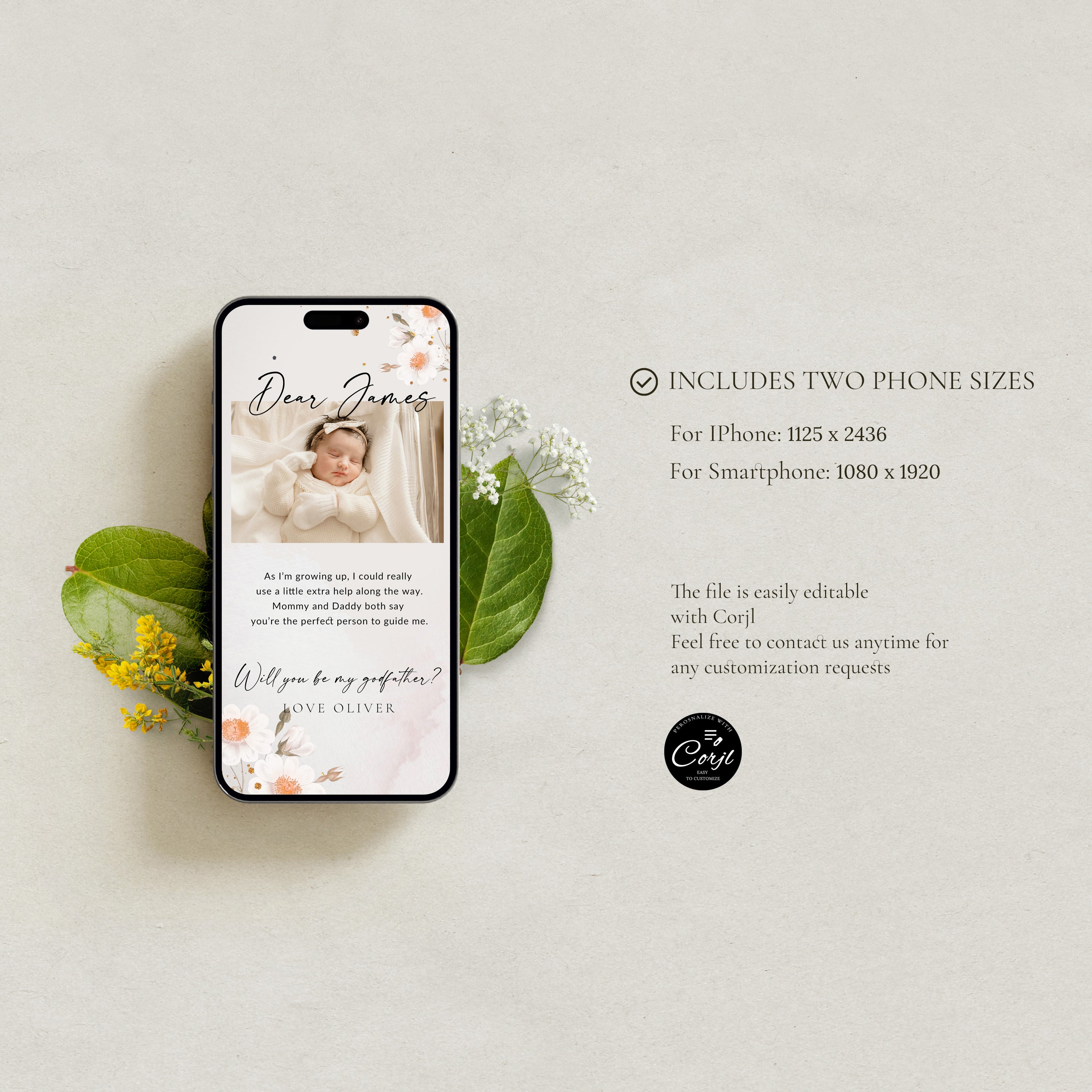 Will You Be My Godfather Proposal Card Template, Printable Photo Godparent Proposal Card, Editable Modern Baptism Proposal, Padrino Proposal