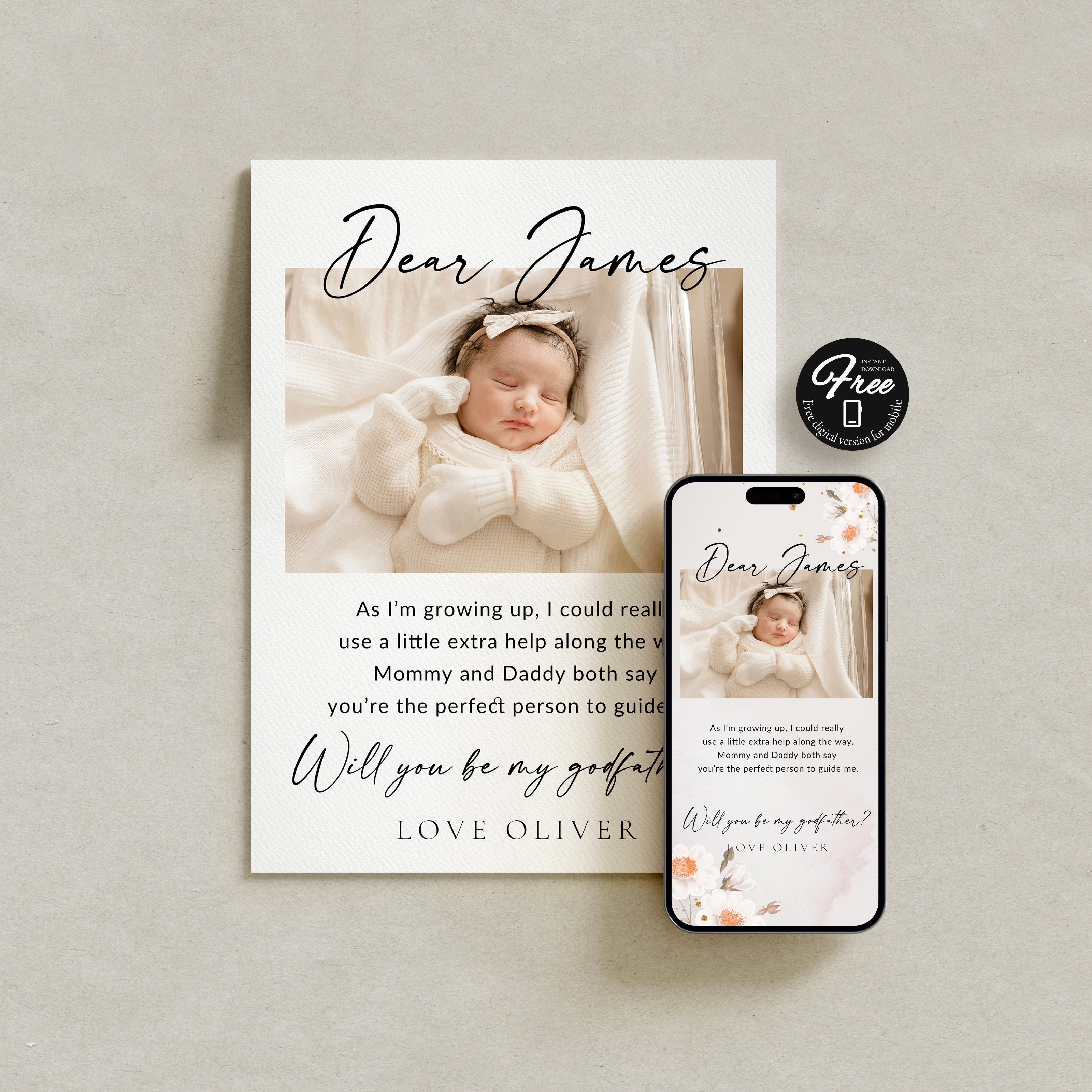 Will You Be My Godfather Proposal Card Template, Printable Photo Godparent Proposal Card, Editable Modern Baptism Proposal, Instant Download