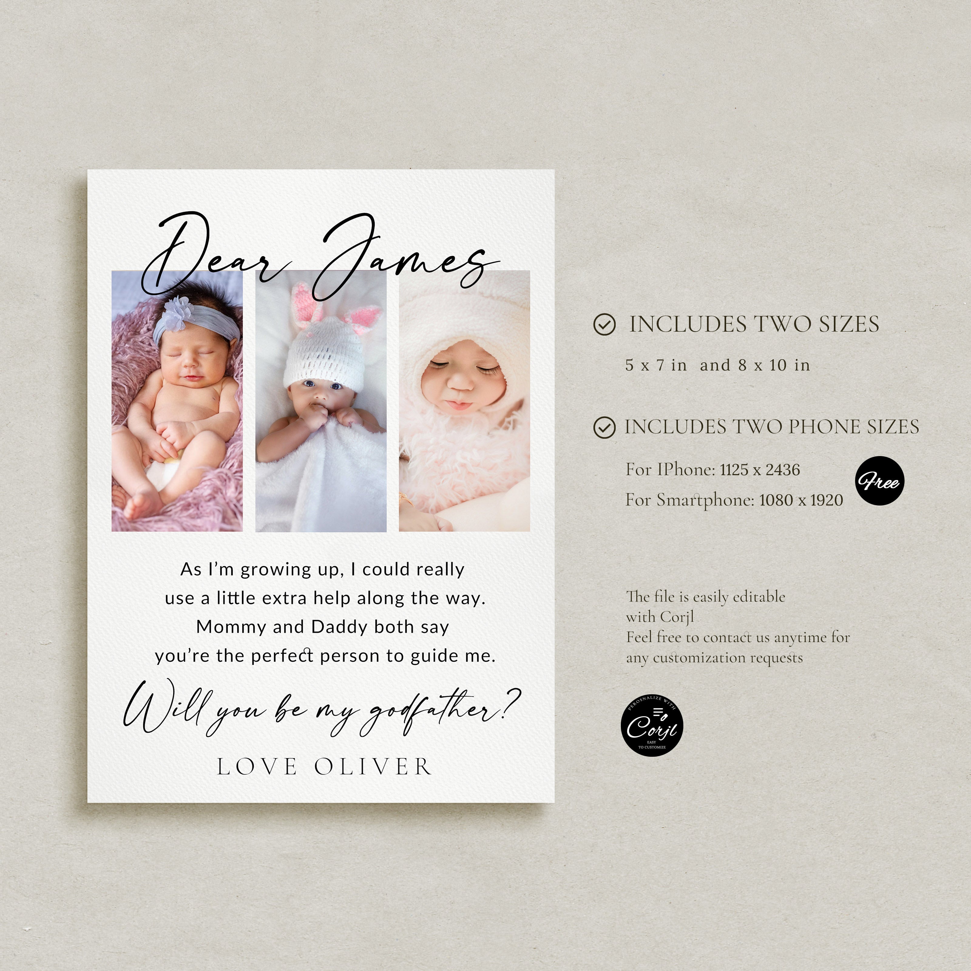 Will You Be My Godfather Proposal Card Template, Printable Photo Godparent Question Card, Editable Modern Baptism Proposal, Instant Download