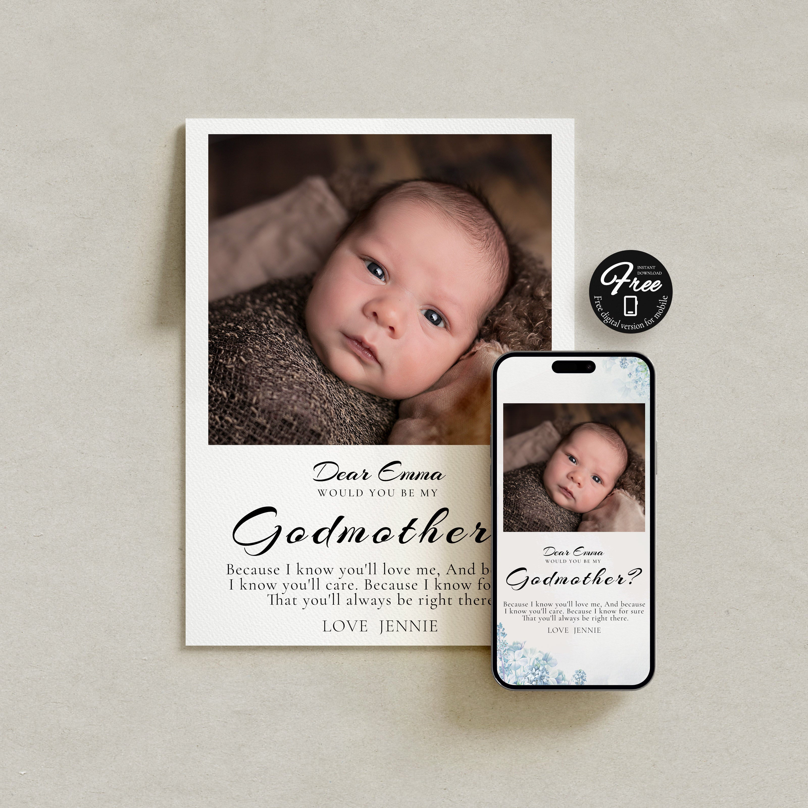 Will You Be My Godmother Proposal Card Template, Printable Photo Godparent Proposal Card, Editable Modern Baptism Proposal, Instant Download