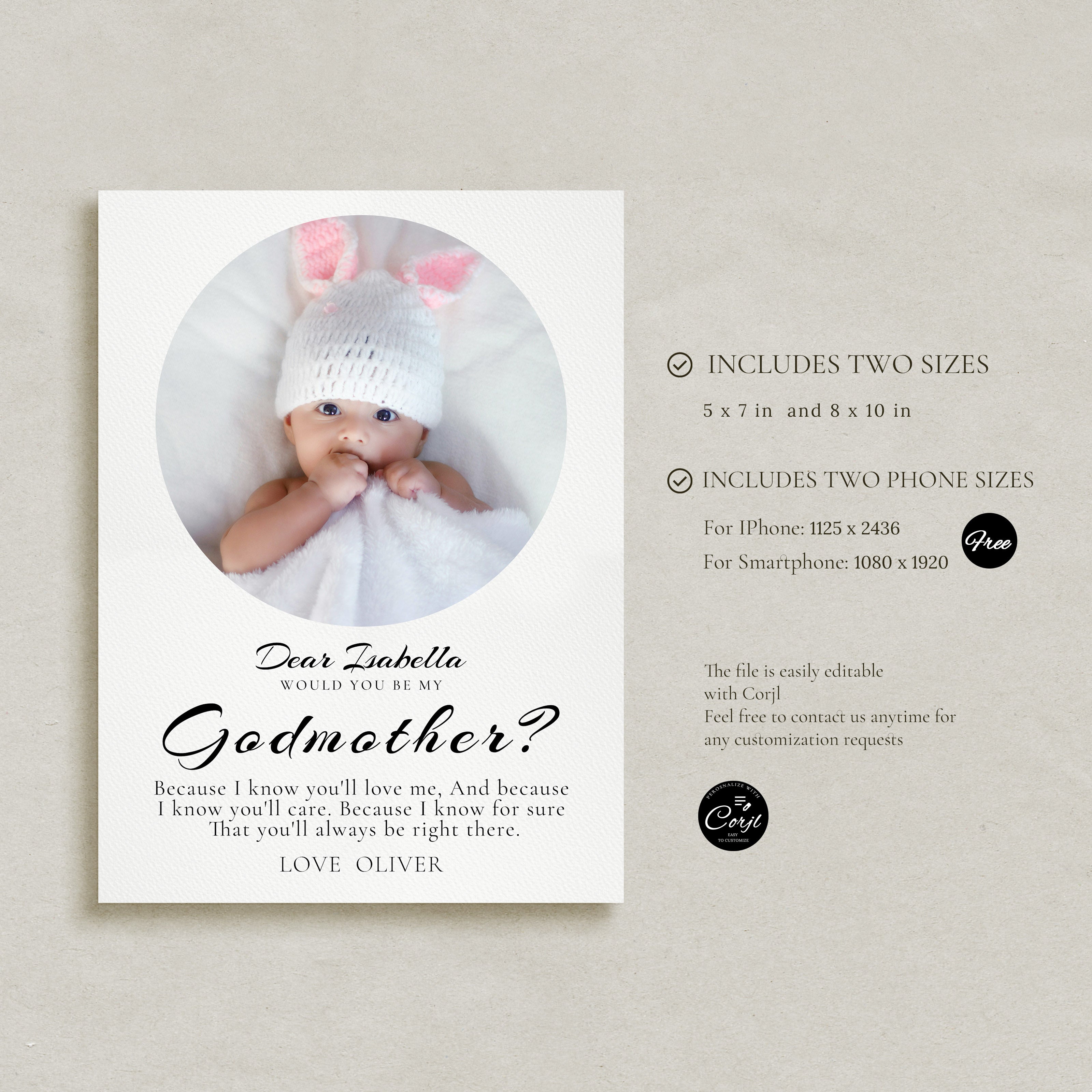 Will You Be My Godmother Proposal Card Template, Printable Photo Godparent Question Card, Editable Modern Baptism Proposal, Instant Download