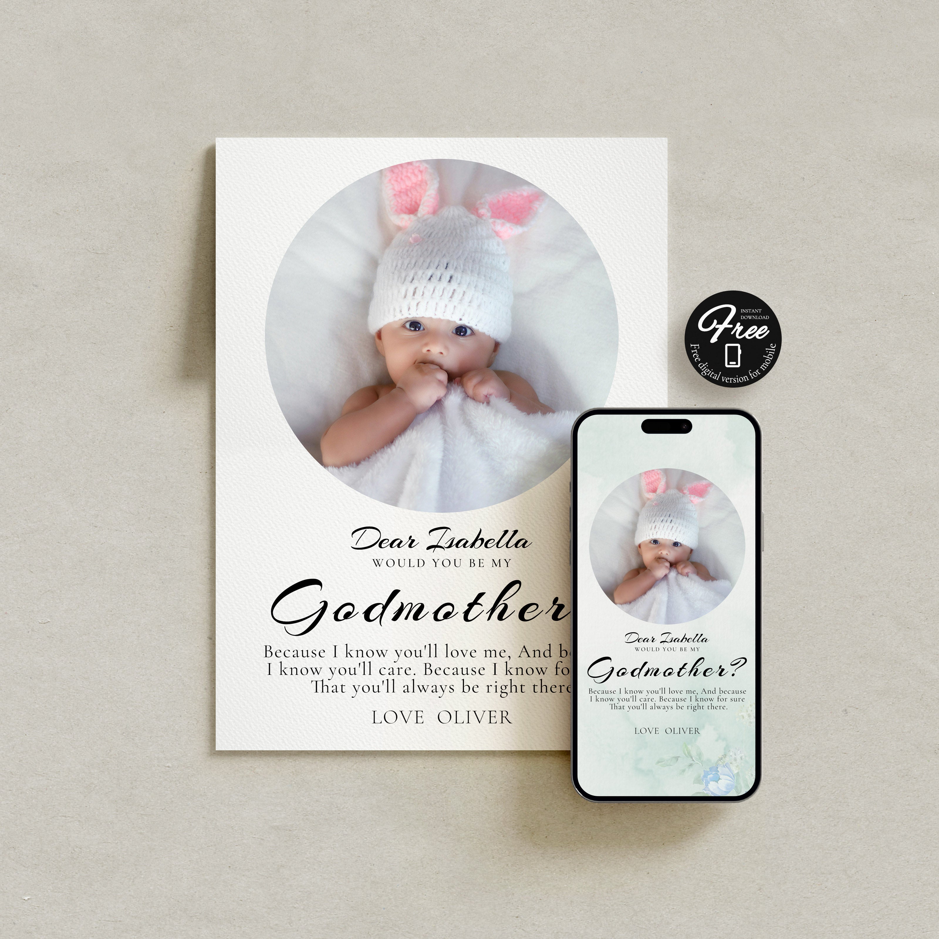 Will You Be My Godmother Proposal Card Template, Printable Photo Godparent Question Card, Editable Modern Baptism Proposal, Instant Download