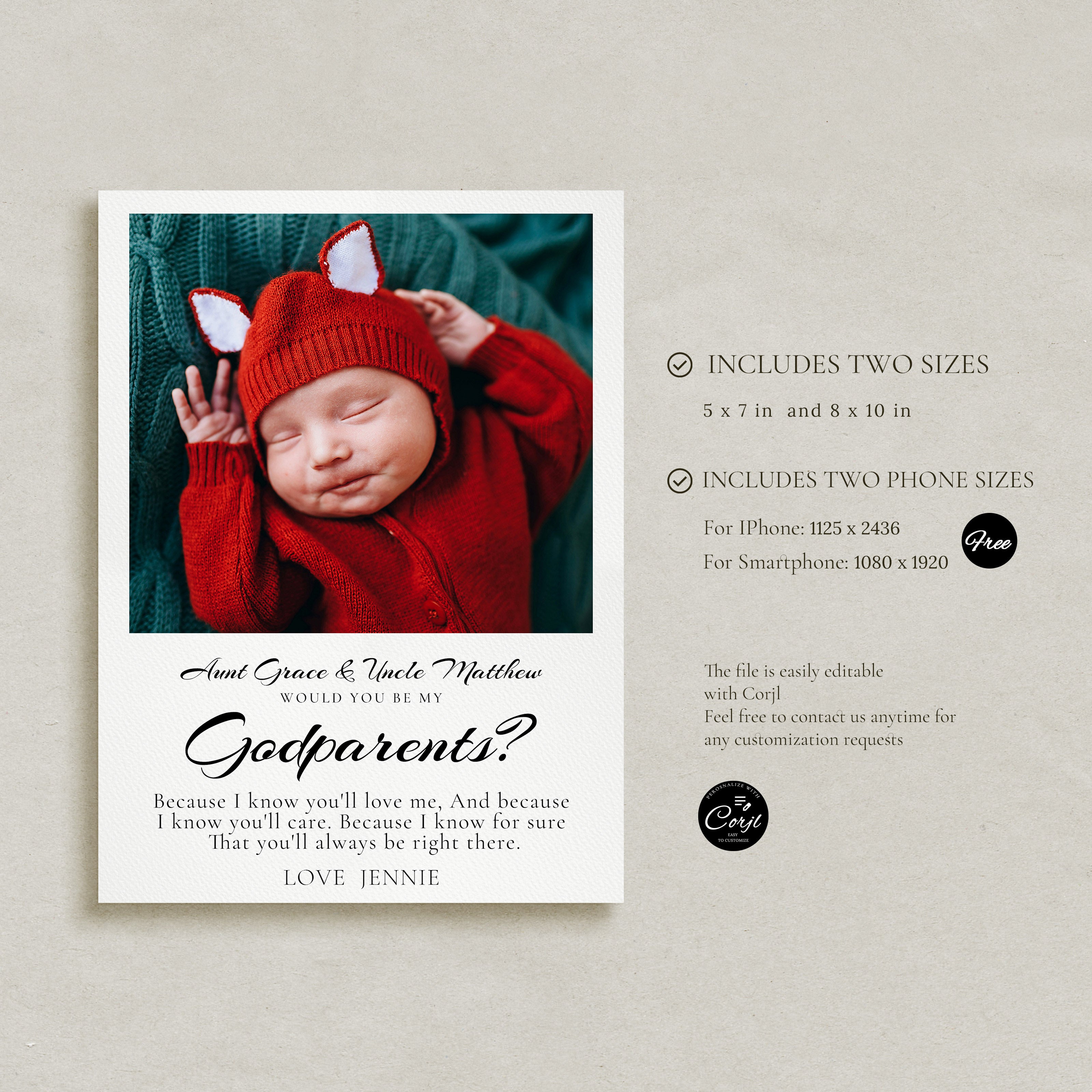 Will You Be My Godfather Proposal Card Template, Printable Photo Godparent Question Card, Editable Modern Baptism Proposal, Instant Download