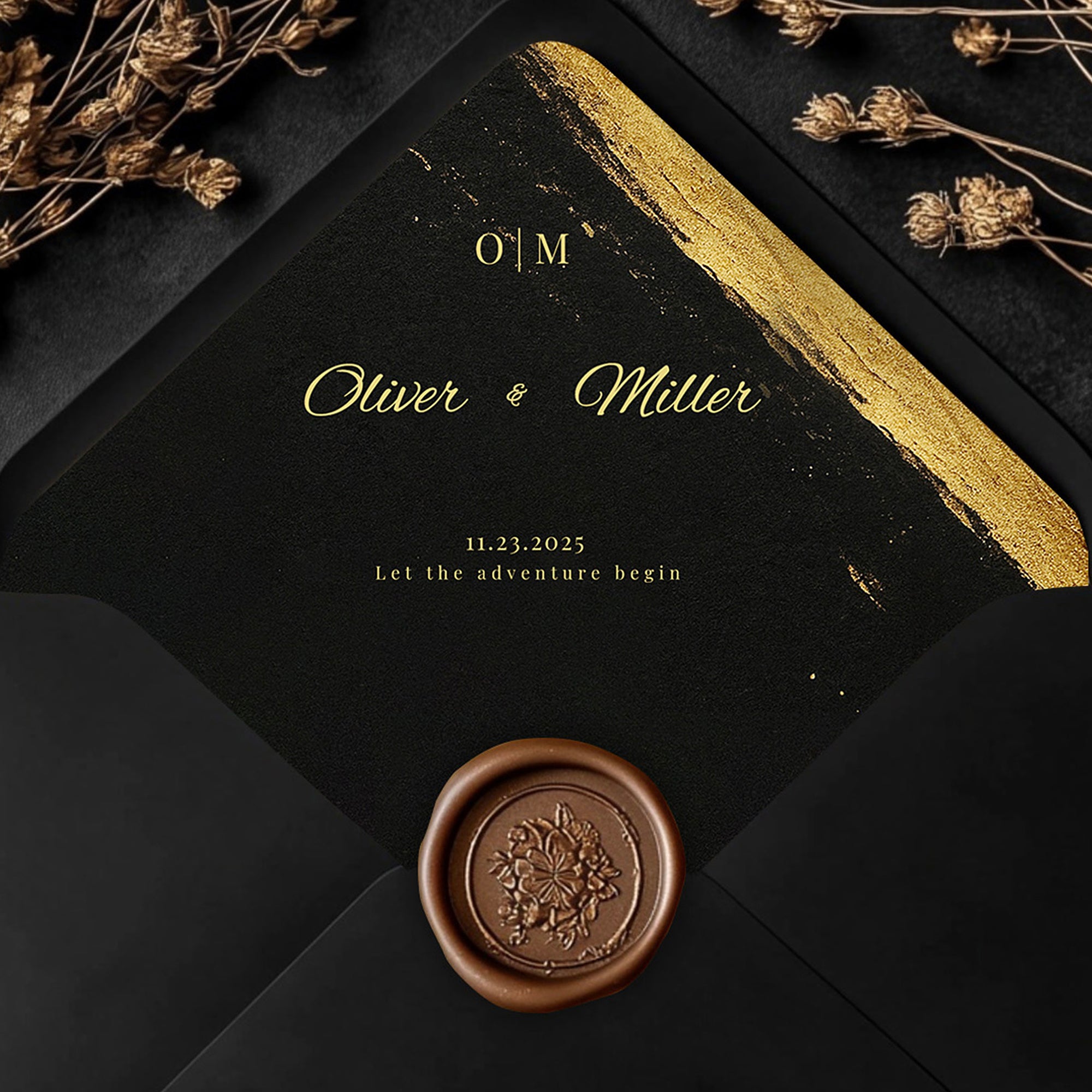 Black and Gold Wedding Envelope Line Template – A2 & A7 Envelope, Editable Corjl – Mobile Friendly, Printable, Elegant Wedding Stationery