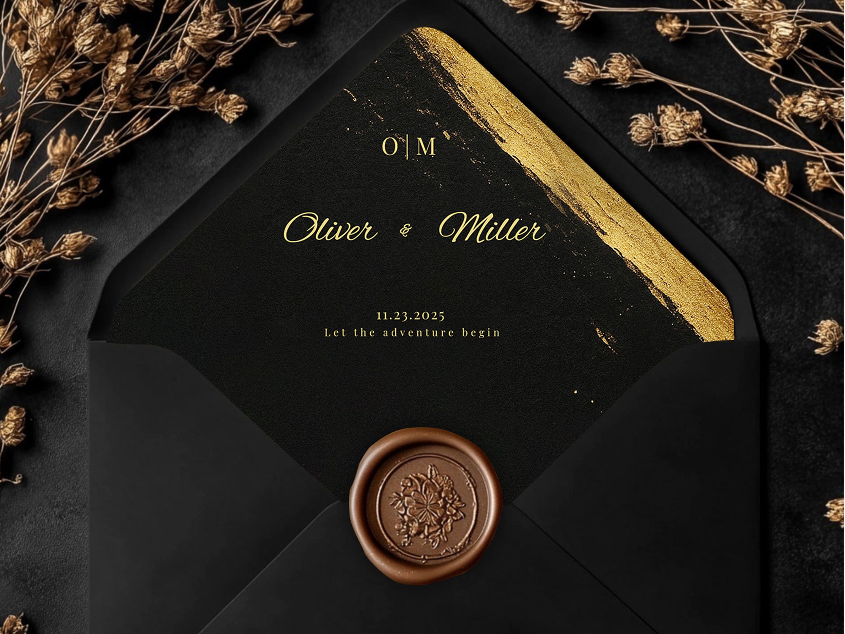 Black and Gold Wedding Envelope Line Template – A2 & A7 Envelope, Editable Corjl – Mobile Friendly, Printable, Elegant Wedding Stationery