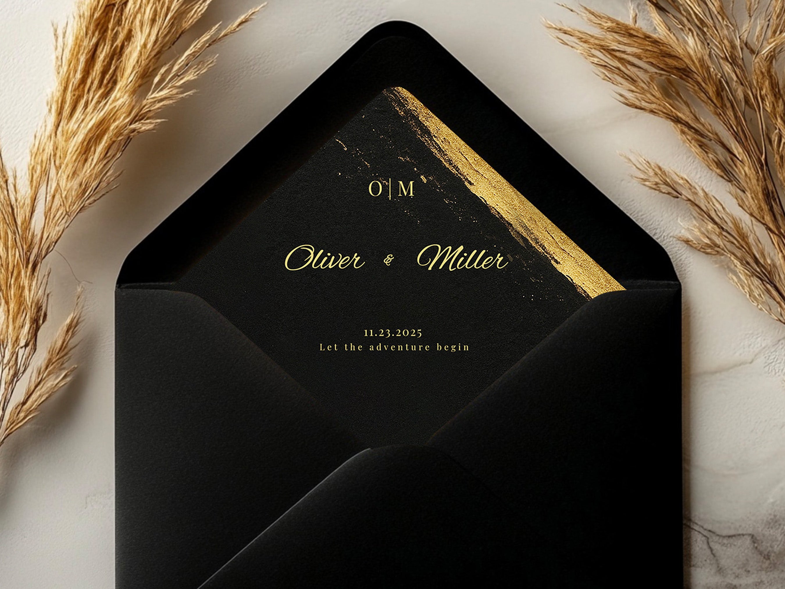 Black and Gold Wedding Envelope Line Template – A2 & A7 Envelope, Editable Corjl – Mobile Friendly, Printable, Elegant Wedding Stationery
