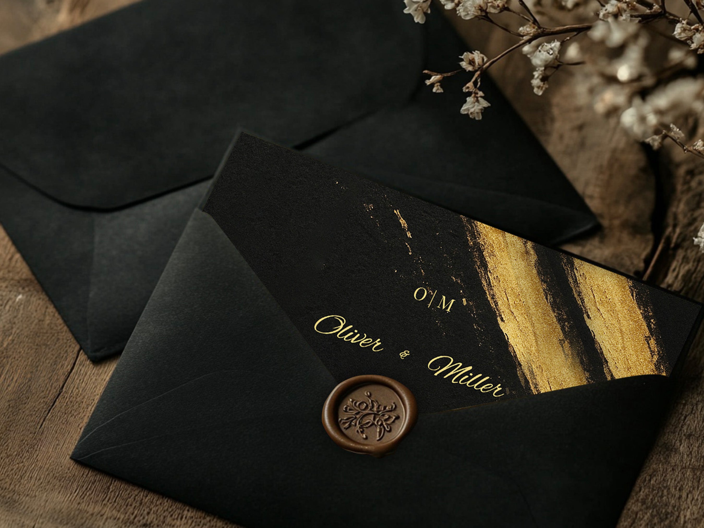 Black and Gold Wedding Envelope Line Template – A2 & A7 Envelope, Editable Corjl – Mobile Friendly, Printable, Elegant Wedding Stationery