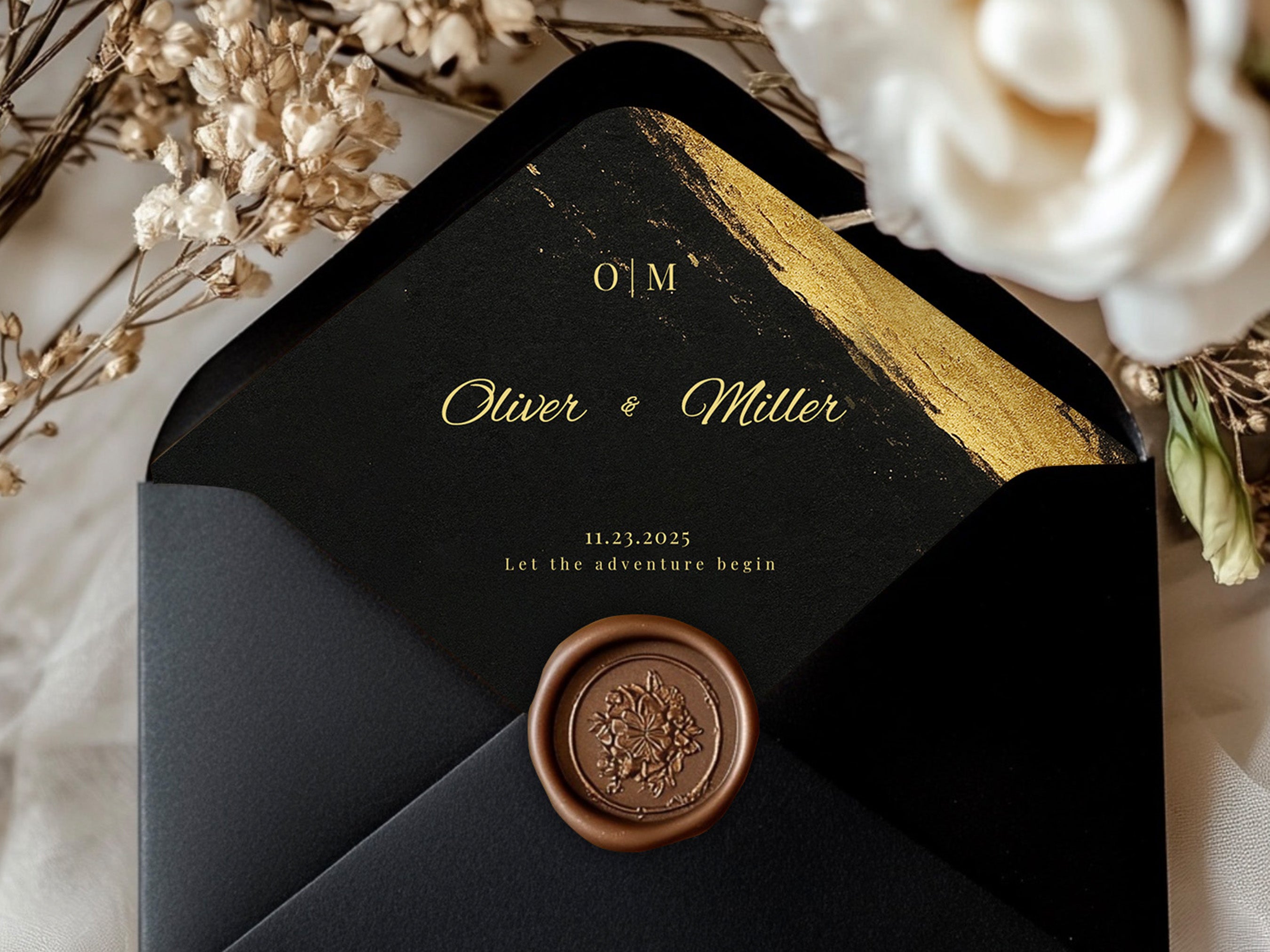 Black and Gold Wedding Envelope Line Template – A2 & A7 Envelope, Editable Corjl – Mobile Friendly, Printable, Elegant Wedding Stationery